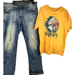 Akoo shirt size Xlarge w/ Akoo Jeans size 36x 32 Yellow shirt Ash distress Jeans